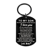 Load image into Gallery viewer, Birthday Christmas Gifts for Son from Mom To My Son Inspirational Keychain Valentine's Day Graduation Anniversary Back To School Gifts for Boys Stepson Son in Law Him Men Stocking Stuffer